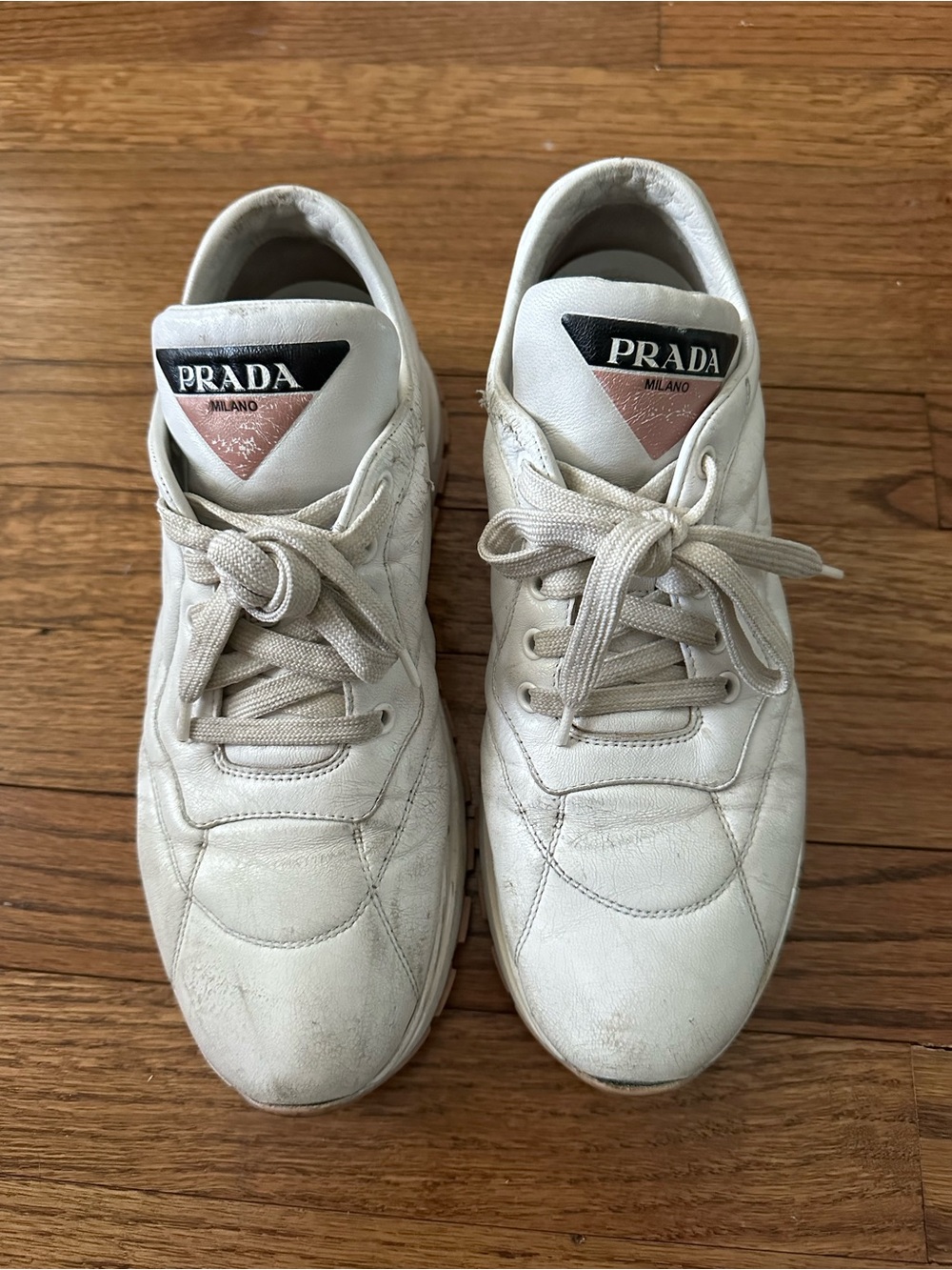 Prada White Leather Sneakers with Pink Logo Triangle